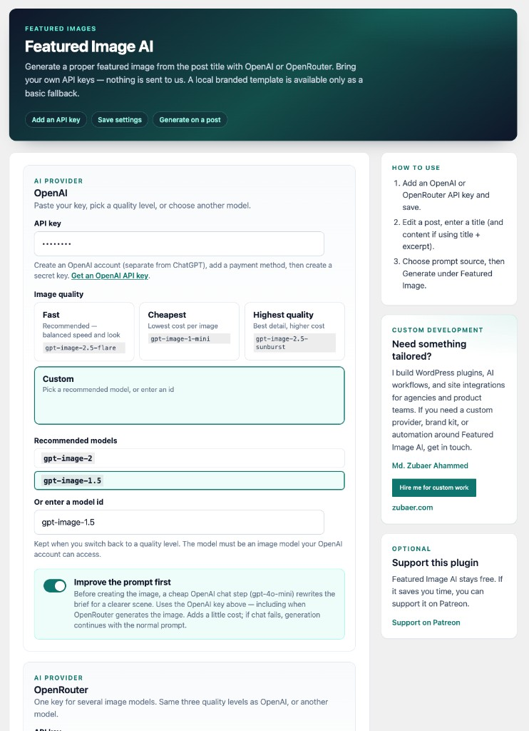 Settings — OpenAI key, quality cards, and optional prompt improve