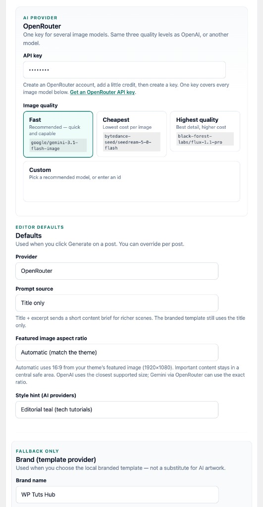 Settings — OpenRouter, editor defaults, and branded template fallback
