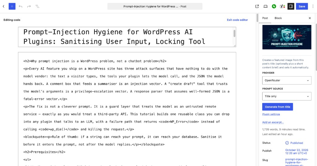Block editor — generated featured image with Generate from title