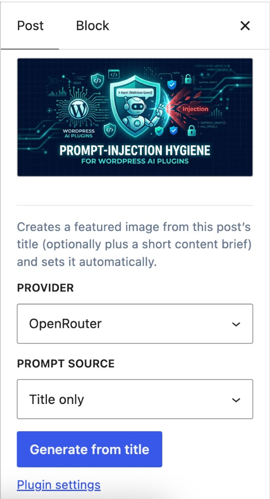 Block editor — provider, prompt source, and Generate controls
