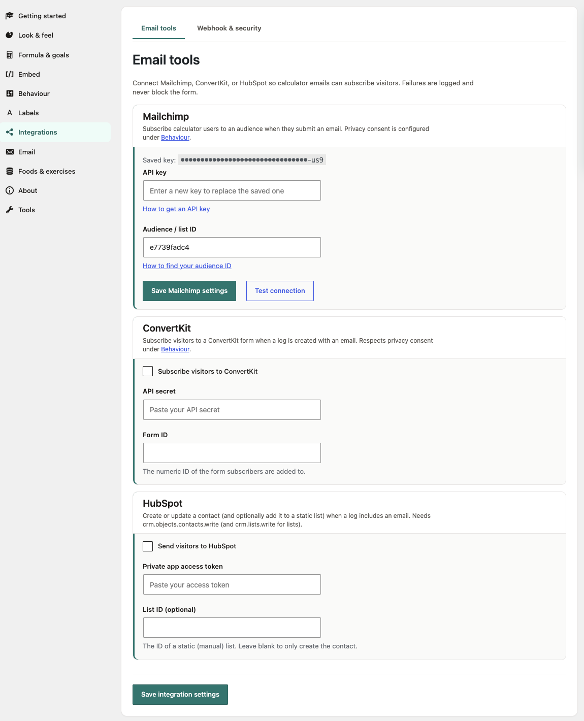 Email and Tools settings in Calorie Calculator Pro