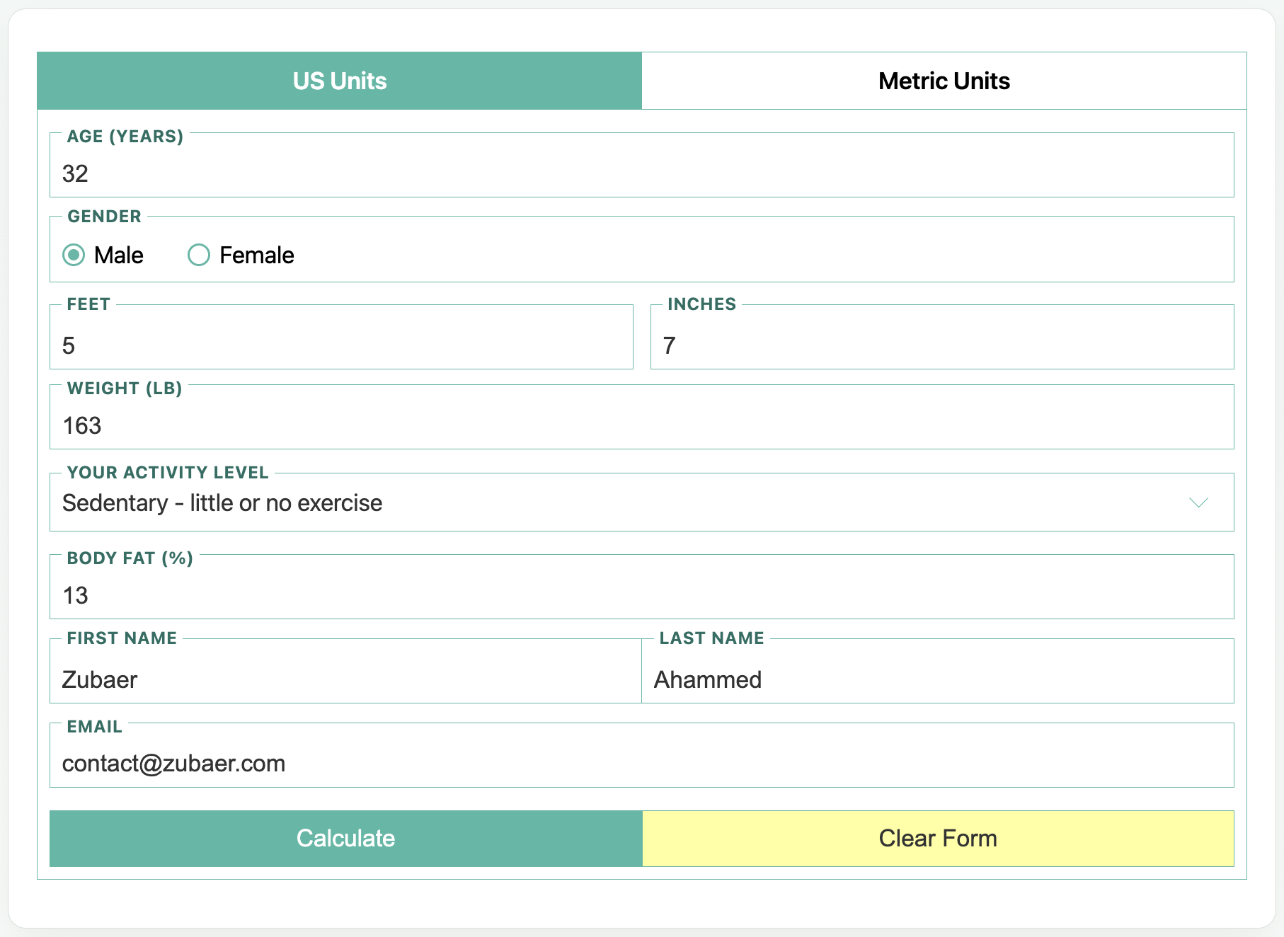 Calorie Calculator Pro form with US units