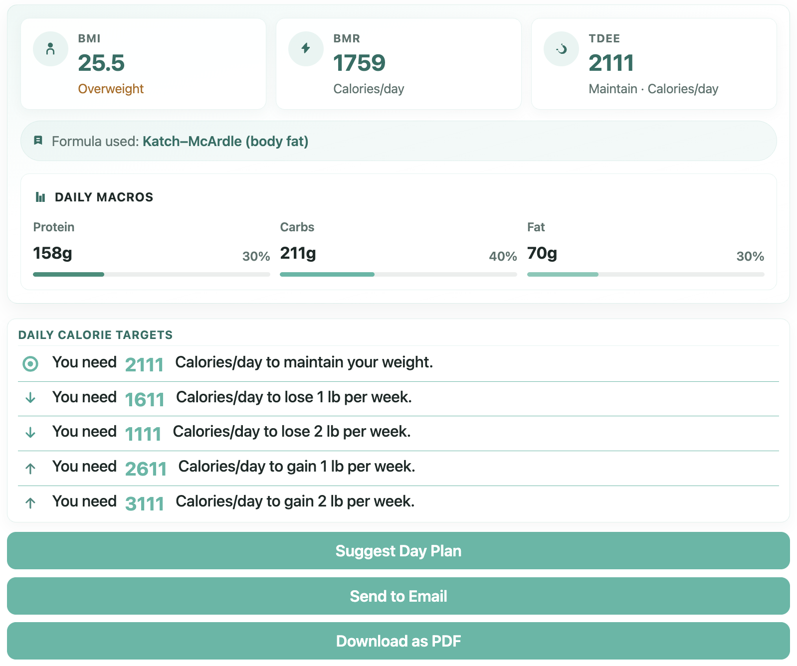 Calorie Calculator Pro results with BMI, macros, and goals