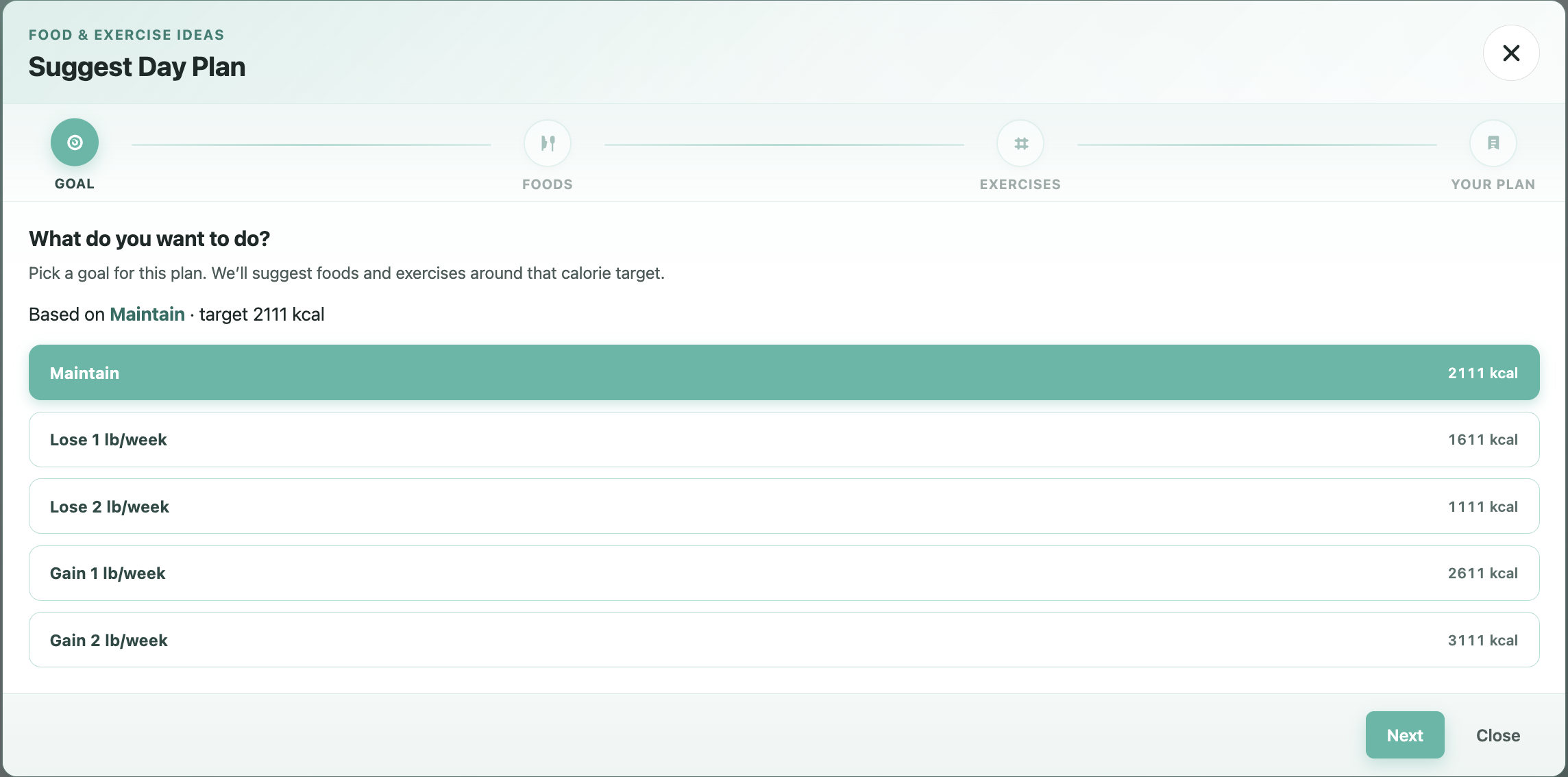 Suggest Day Plan goal picker