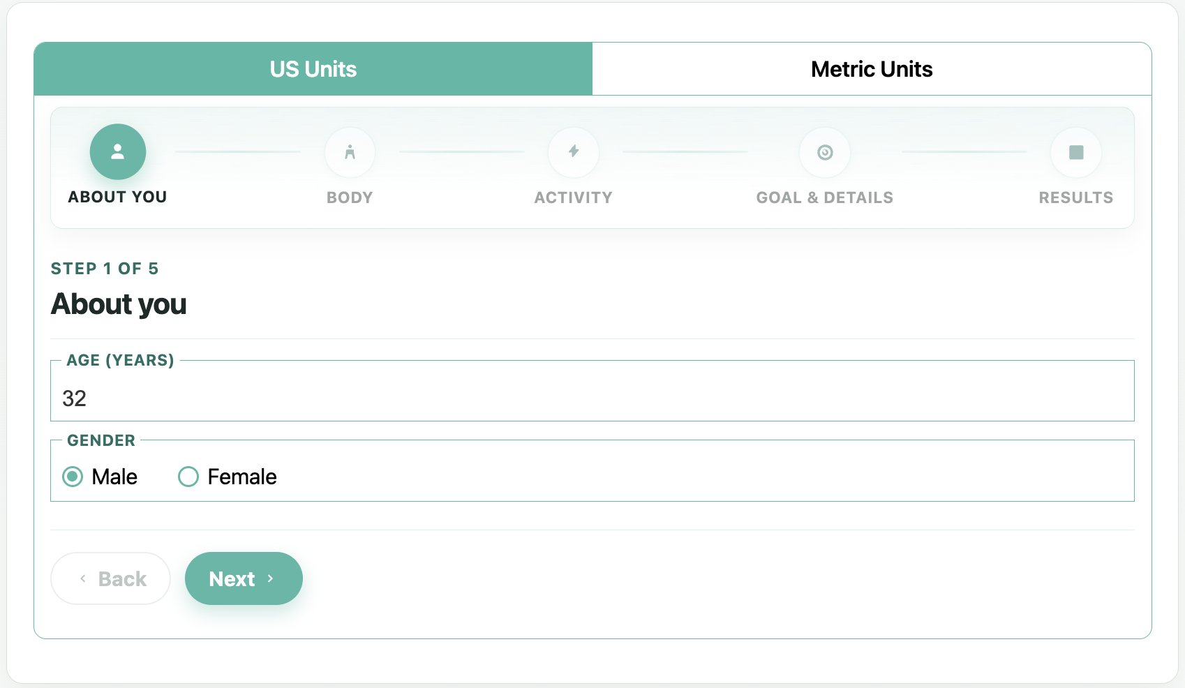 Multi-step calorie calculator — About you