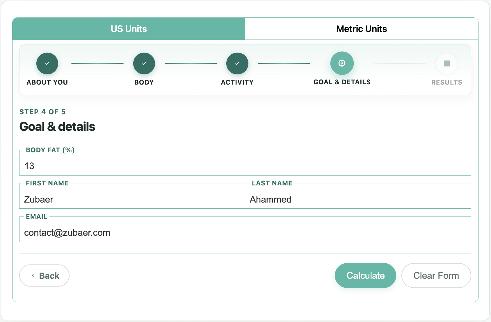 Multi-step calorie calculator results