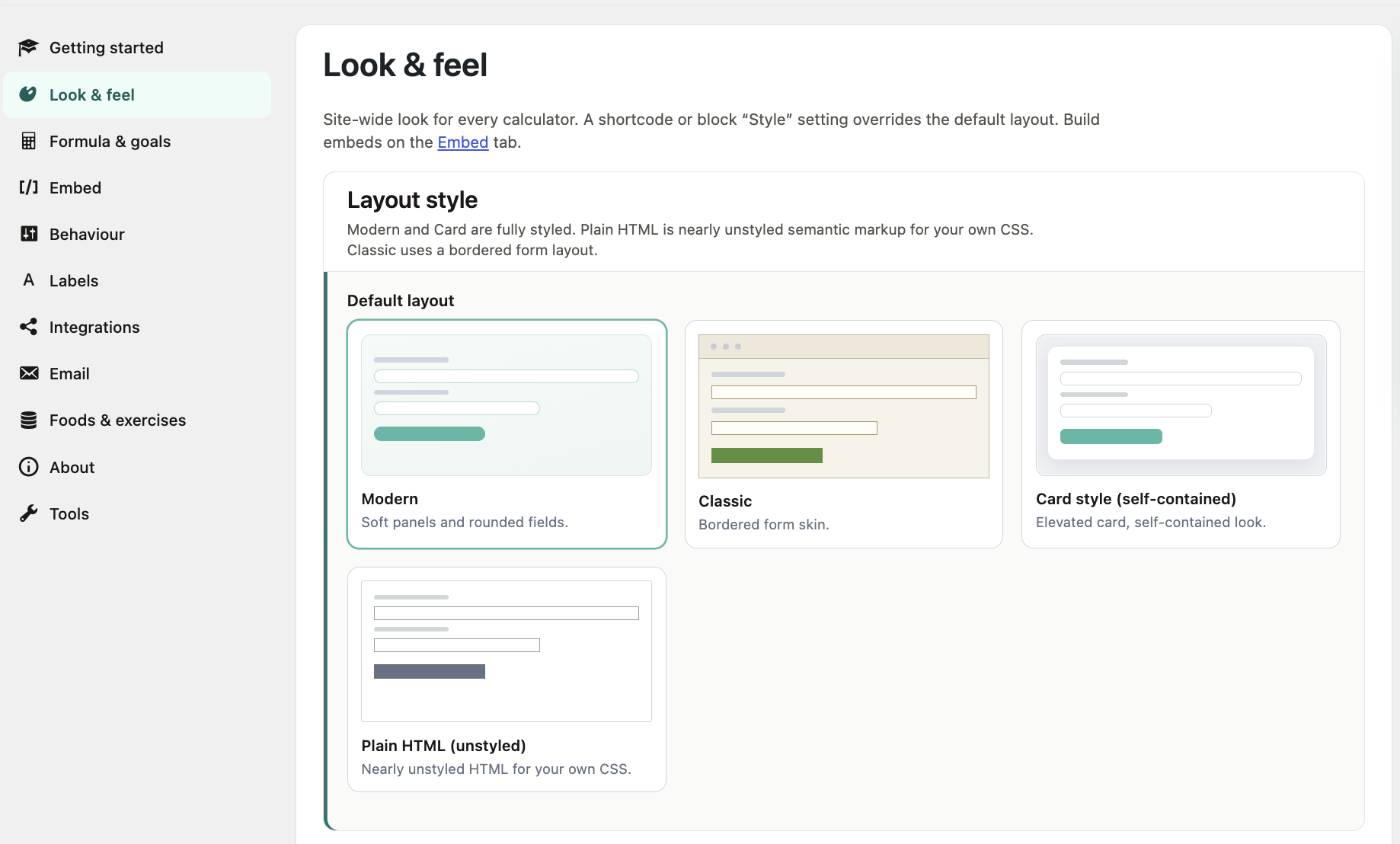 Look and feel settings in Calorie Calculator Pro