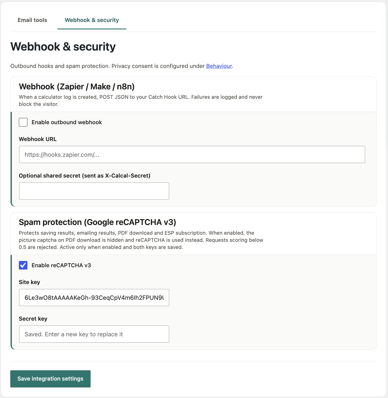 Webhook and security settings in Calorie Calculator Pro